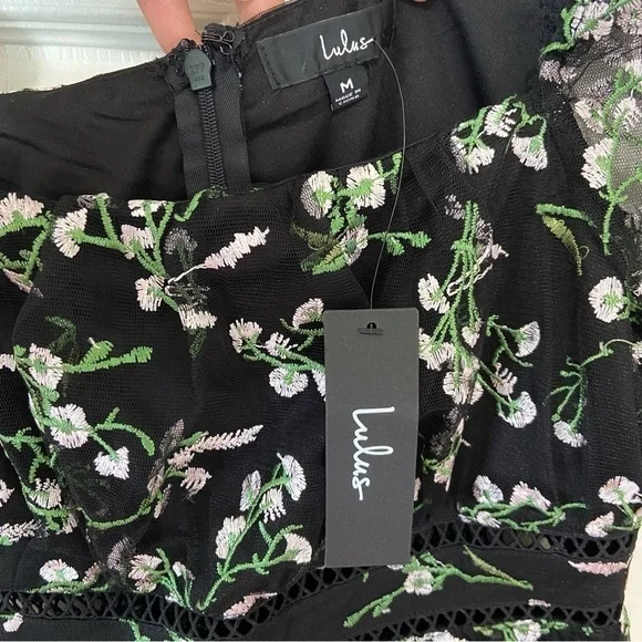Lulus NWT Radiant Love Black Embroidered Floral Cut Out Skater Mini Dress M - Picture 10 of 13